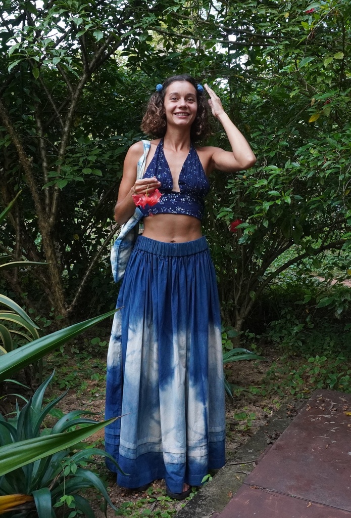 ELASTIC SKIRT, BLUE-WHITE, SHIBORI, COTTON
