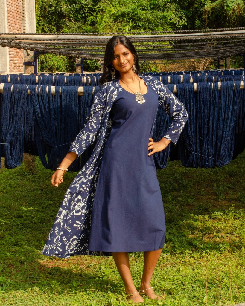 OVERCOAT SET DRESS, DARK BLUE, BATIK, COTTON