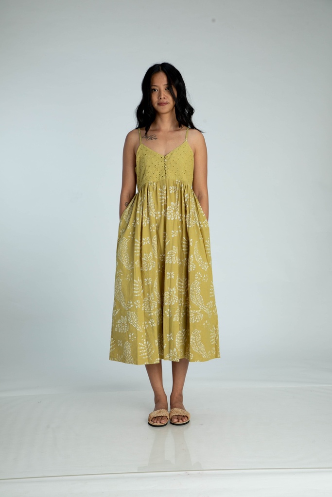 STRAPPY DRESS, GREEN, BATIK, COTTON