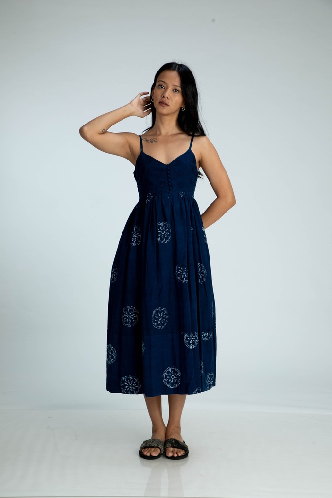 STRAPPY DRESS, DARK BLUE, BATIK ROUNDFLOWER, COTTON