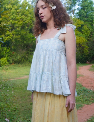 THICK STRAP FLARE TOP, BLUE-WHITE, BATIK, COTTON
