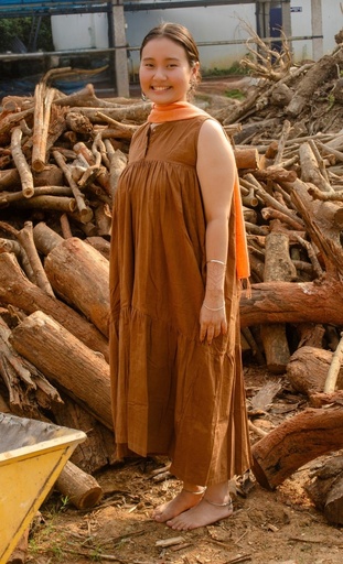 CASCADE DRESS, BROWN C044, EMBROIDERY, COTTON